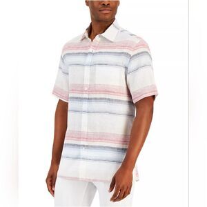 CLUB Room Luxury Men's Horizontal Striped 100% Linen Short-Sleeve Shirt Size XXL